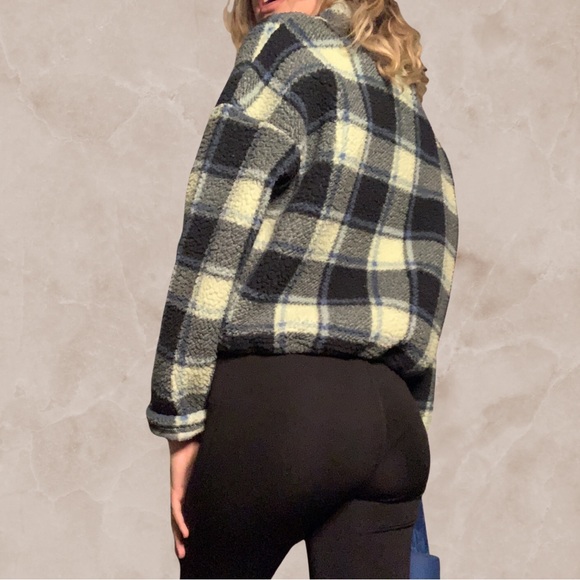 American Eagle Neon Green Fuzzy Sherpa Plaid Quarter Zip Front Sweatshirt - Picture 3 of 4